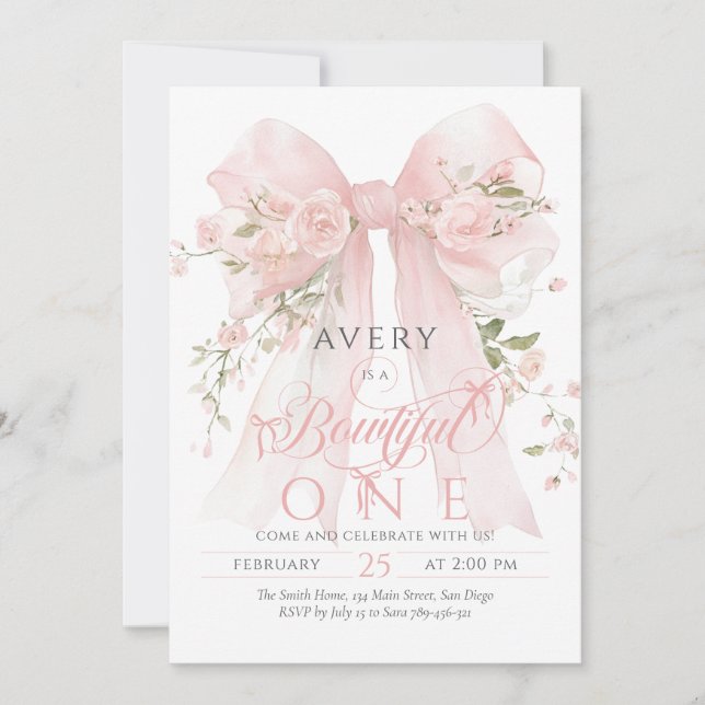Invitation Bowtiiful One 1st Birthday Floral Bow Girls (Devant)