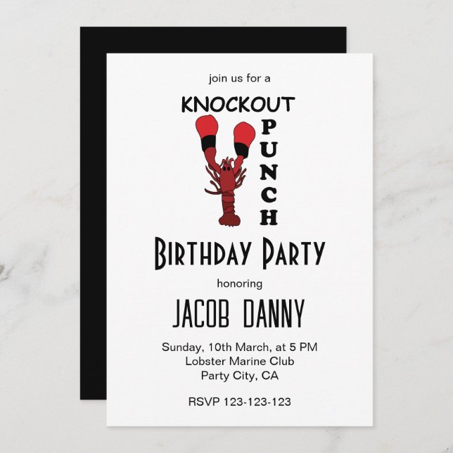 Invitation Boxe de homard Knockout Punch fête d'anniversaire (Devant / Derrière)