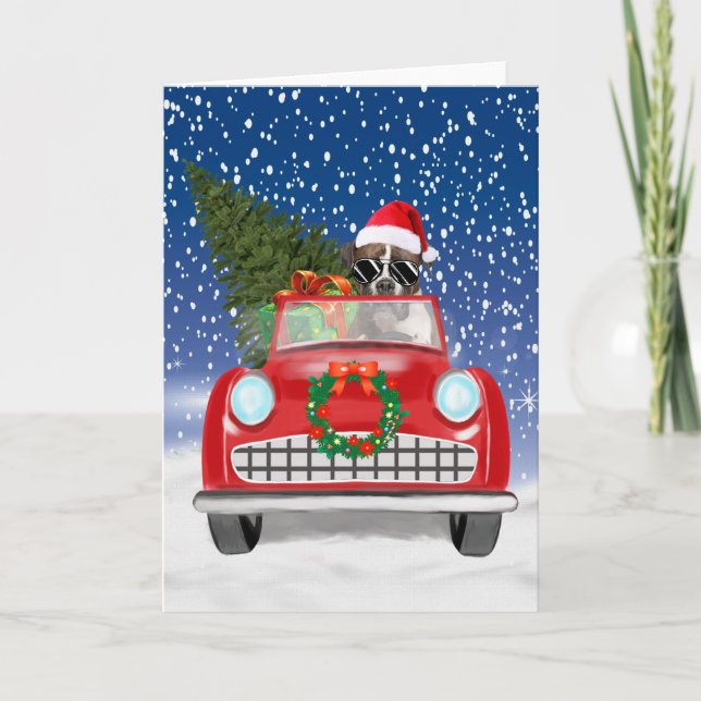 Invitation Boxer Chien Conduite Voiture En Noël De Neige (Devant)