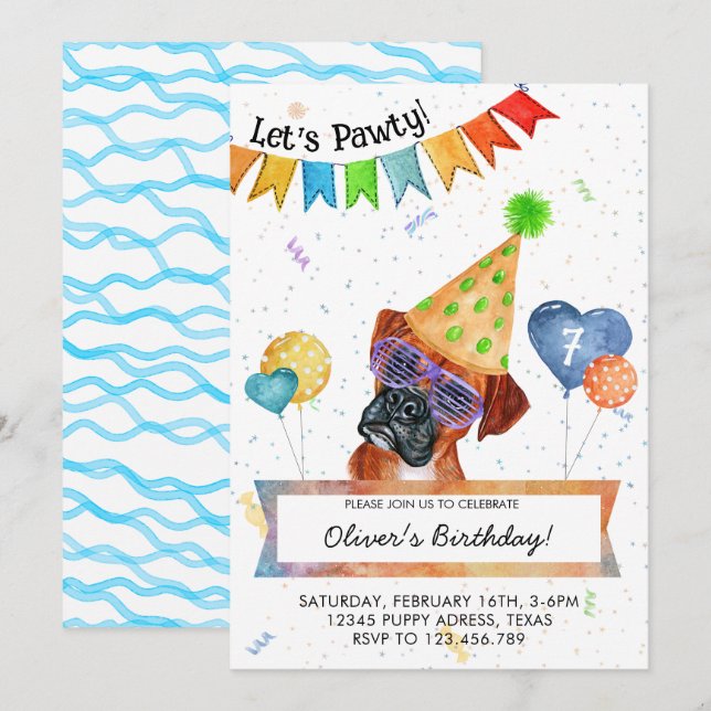 Invitation Boxer Lets Pawty Chien Anniversaire Fête Invitatio (Devant / Derrière)
