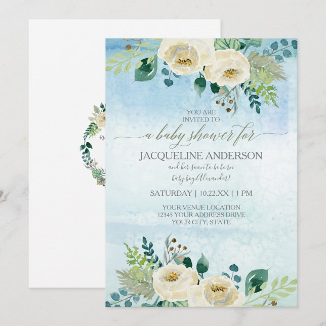 Invitation Boy Baby shower Aquarelle Bleu Rose Blanc Floral (Devant / Derrière)