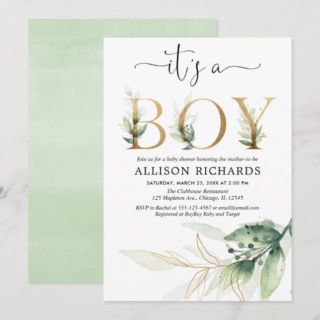 Invitation Boy baby shower verdure or feuilles modernes (Devant / Derrière)