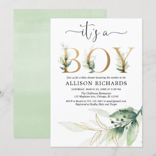 Invitation Boy baby shower verdure or feuilles modernes