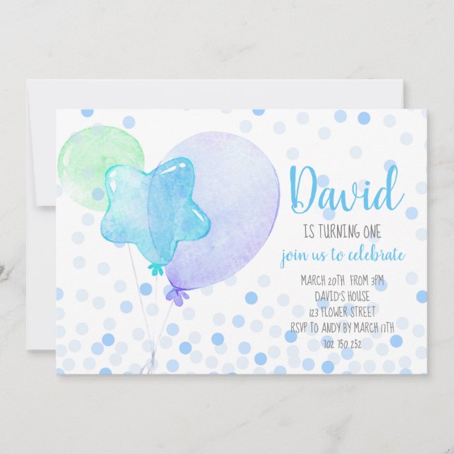 Invitation Boy Ballons Confetti Blue Cute 1er Anniversaire (Devant)