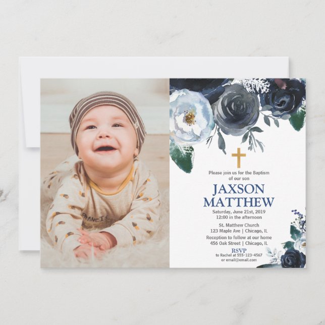 Invitation Boy Baptême bleu floral aquarelle photo (Devant)