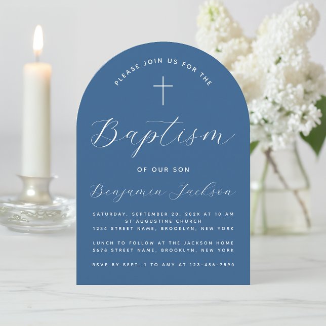 Invitation Boy Baptism Arc Classique Bleu Blancs Script & Cro (Créateur téléchargé)