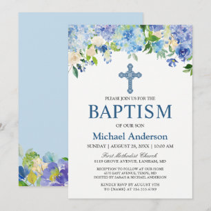 Invitation Boy Baptism Blue Hydrangea Aquarelle Floral