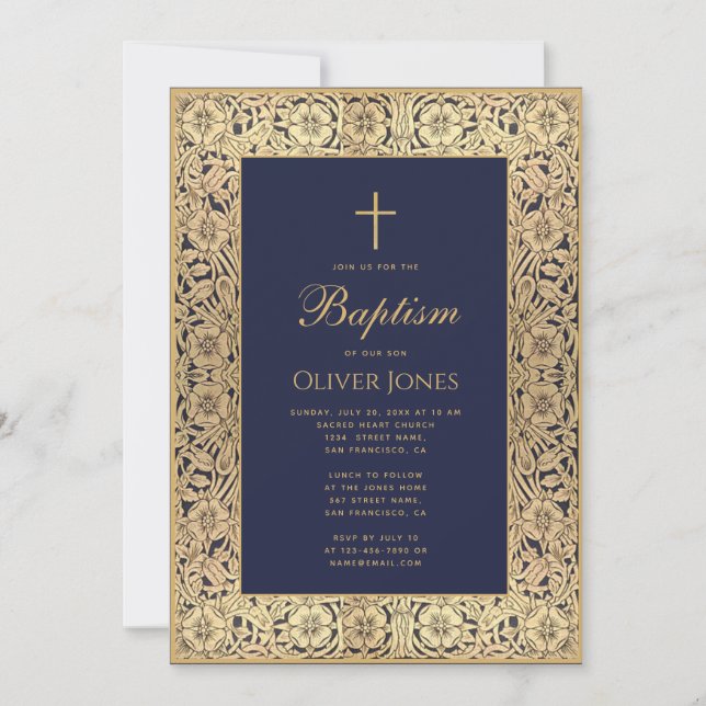 Invitation Boy Baptism Floral Gold Frame Marine Bleu Élégant (Devant)