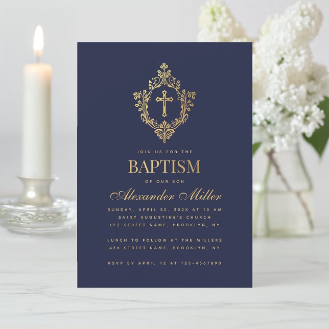 Invitation Boy Baptism Marine Bleu Faux Gold Crest Scripts (Créateur téléchargé)