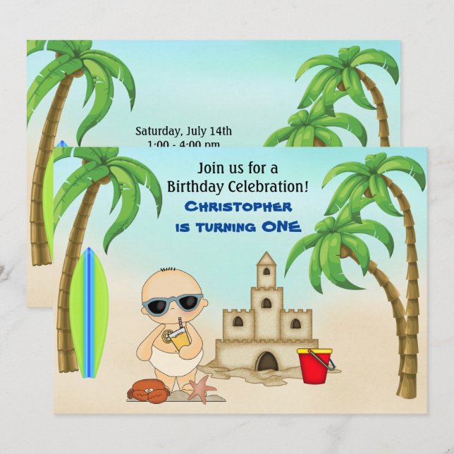 Invitation Boy Beach Baby Sandcastle in Surfboard 1er anniver (Devant / Derrière)
