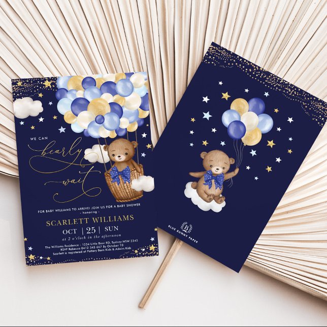 Invitation Boy Bear Hot Air Balloon Marine Gold Sky Baby show (Créateur téléchargé)