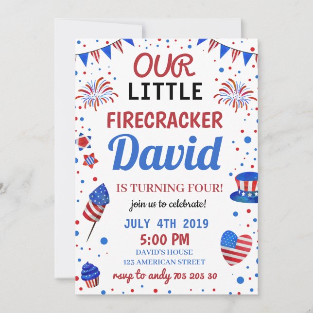 Invitation Boy Birthday USA American Firecracker 4 juillet (Devant)