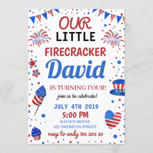 Invitation Boy Birthday USA American Firecracker 4 juillet