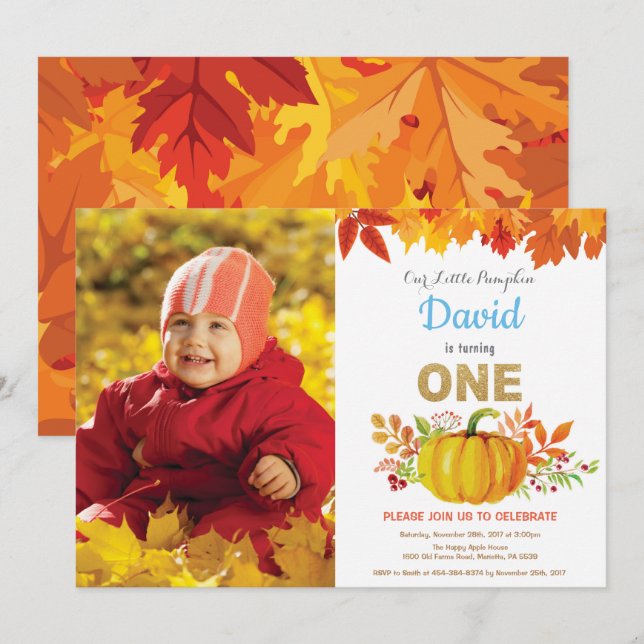 Invitation Boy Citrouille Automne Premier Anniversaire Partie (Devant / Derrière)