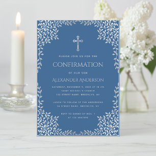 Invitation Boy Confirmation Classique Bleu Argent Croix Feuil
