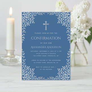 Invitation Boy Confirmation Classique Bleu Argent Croix Feuil