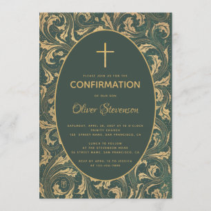 Invitation Boy Confirmation Gold Thistle Cross Elegant Green