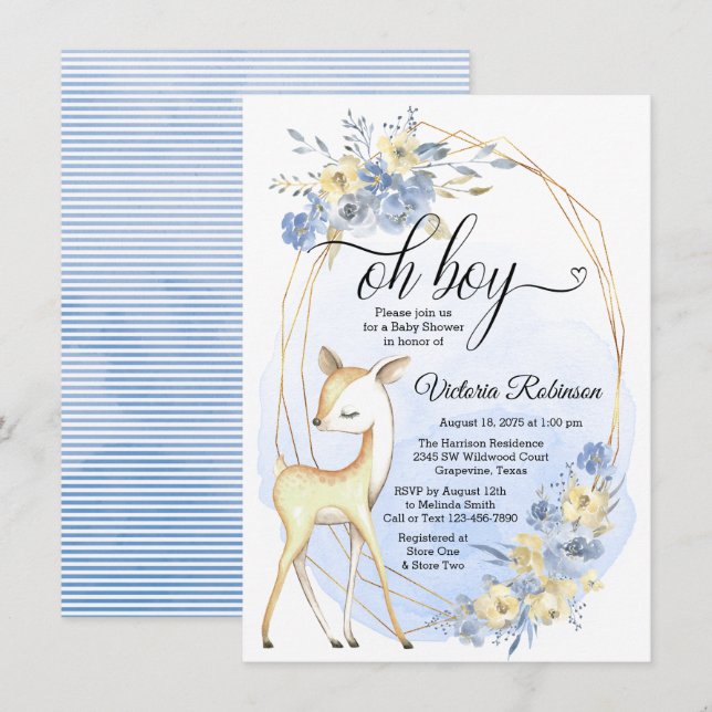 Invitation Boy Deer Watercolor Oh Boy Baby shower (Devant / Derrière)