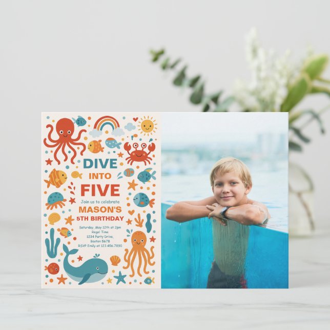 Invitation Boy Dive into Five 5th Birthday Party Photo (Debout devant)