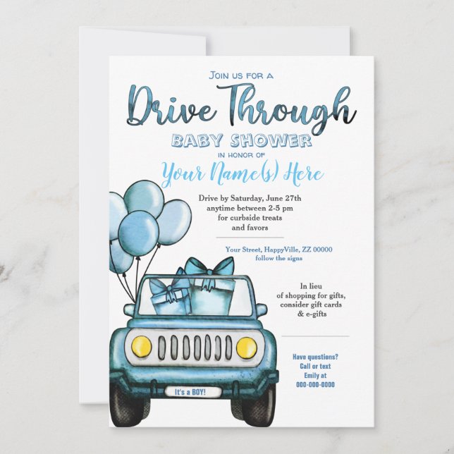 Invitation Boy Drive Through Baby shower Blue Card (Devant)