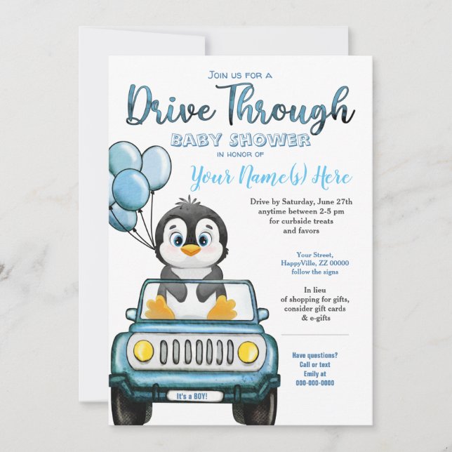 Invitation Boy Drive Through Baby shower Penguin in Car (Devant)