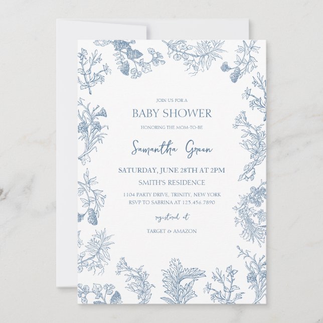 Invitation Boy Dusty Baby shower de Chinoiserie Bleu (Devant)