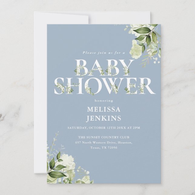 Invitation Boy Dusty Blue Greenery QR Code Baby shower (Devant)