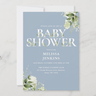Invitation Boy Dusty Blue Greenery QR Code Baby shower