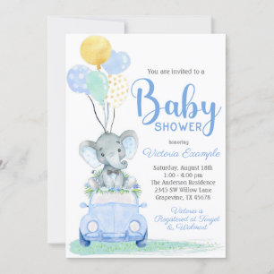 Invitation Boy Elephant Bow Cravate voiture Baby shower Invit