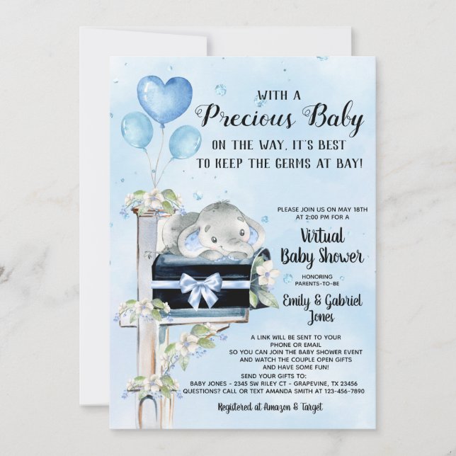 Invitation Boy Elephant Covid Baby shower Par Mail (Devant)