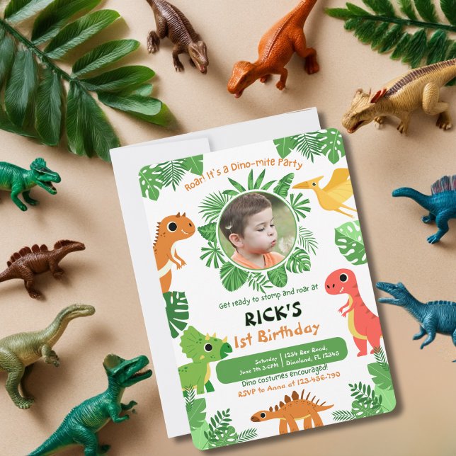 Invitation Boy First Birthday Photo Dinosaur jolie couleur (Front )