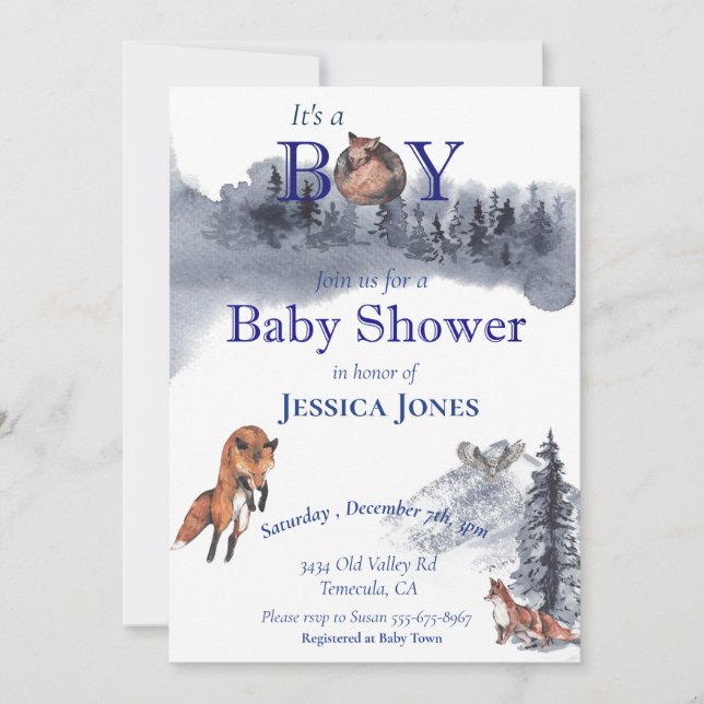 Invitation Boy Fox Baby shower Winter Woodland (Devant)
