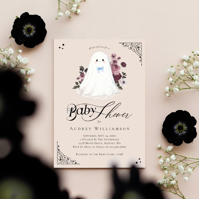 Invitation Boy Ghost Little Boo Floral Baby shower gothique (Boy Ghost Little Boo Floral Gothic Baby Shower Invitation)
