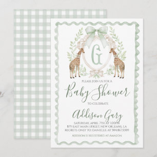 Invitation Boy Giraffe Baby shower Preppy Sage Green En vichy