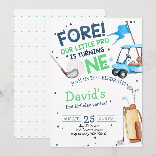 Invitation Boy Golf Par tee 1er Anniversaire (Devant / Derrière)