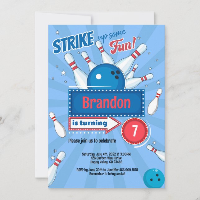 Invitation Boy Kid Bowling fête d'anniversaire Retro Blue & R (Devant)