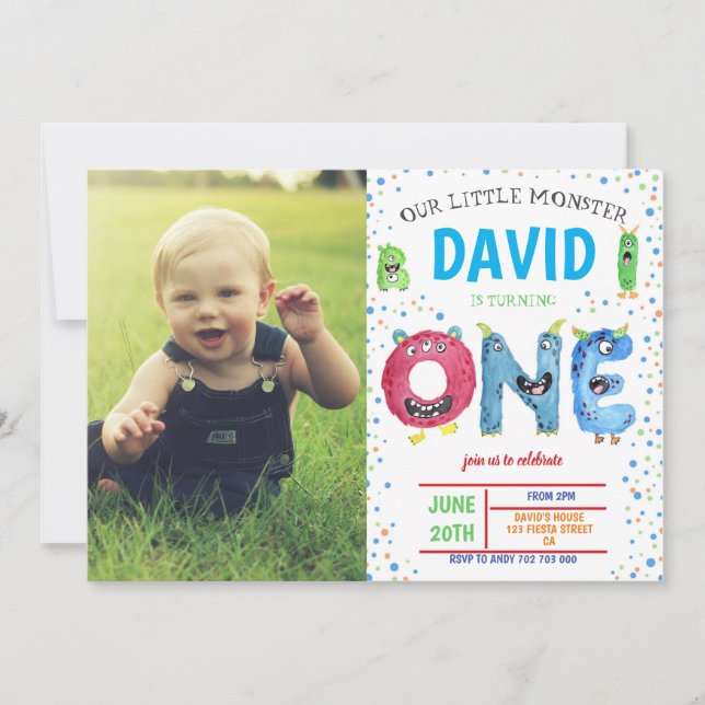 Invitation Boy mignonne petit monstre premier anniversaire av (Devant)