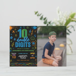 Invitation Boy Neon Double Digits 10e Anniversaire Photo