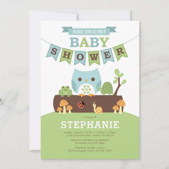 Invitation Boy Owl sur log avec des amis Baby shower Invitati (Devant)