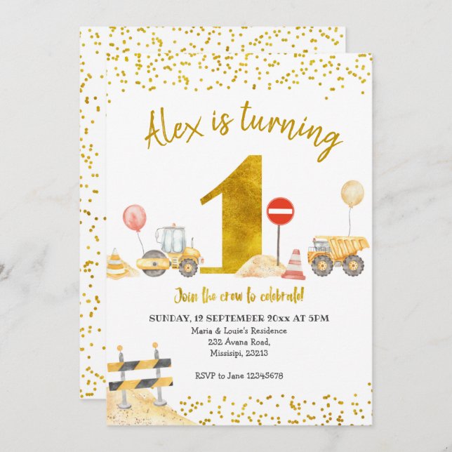 Invitation Boy Premier anniversaire Construction Anniversaire (Devant / Derrière)