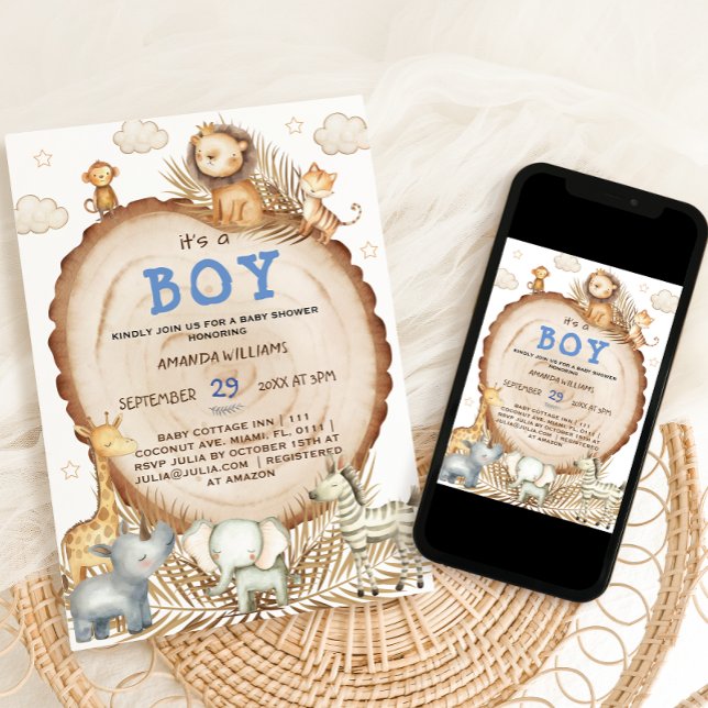 Invitation Boy Rustic Boho Safari Animaux Baby shower (Créateur téléchargé)