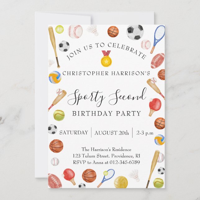 Invitation Boy Second Birthday Party Sports (Devant)