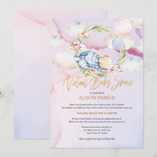 Invitation Boy Teddy Bear Joli Baby shower virtuel (Devant / Derrière)