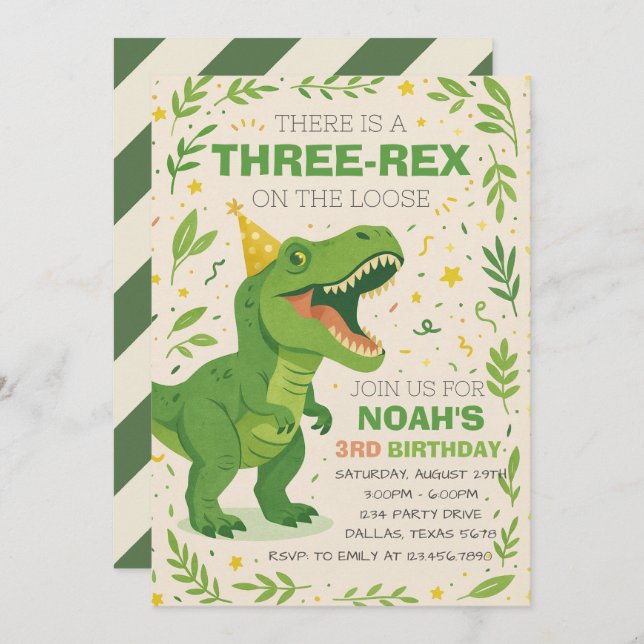 Invitation Boy Three-Rex Dinosaur Birthday (Devant / Derrière)