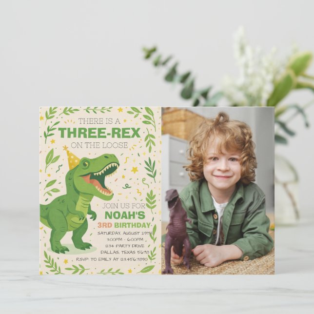 Invitation Boy Three-Rex Dinosaur Birthday Photo (Debout devant)