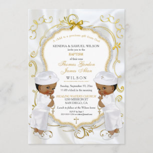 Invitation Boy Twins Baptême Christening Gold Cross Ethnic