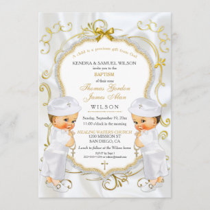 Invitation Boy Twins Baptême Christening Gold White Cross