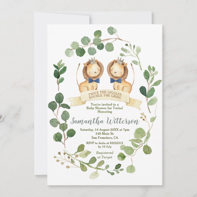 Invitation Boy Twins Lion Cubs Baby shower Deux fois les Gigg (Devant)