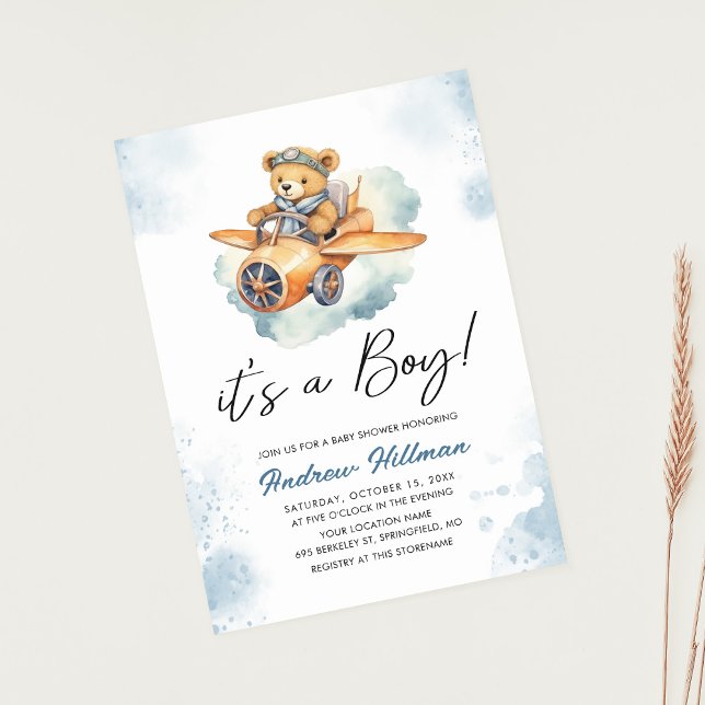 Invitation Boy Watercolor Teddy Bear Baby shower (Créateur téléchargé)