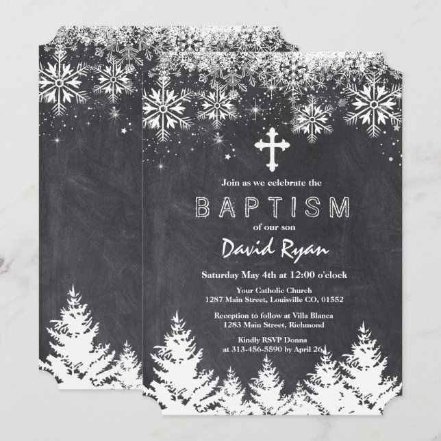 Invitation Boy Winter Holiday Flammes de neige Chalkboard Bap (Devant / Derrière)